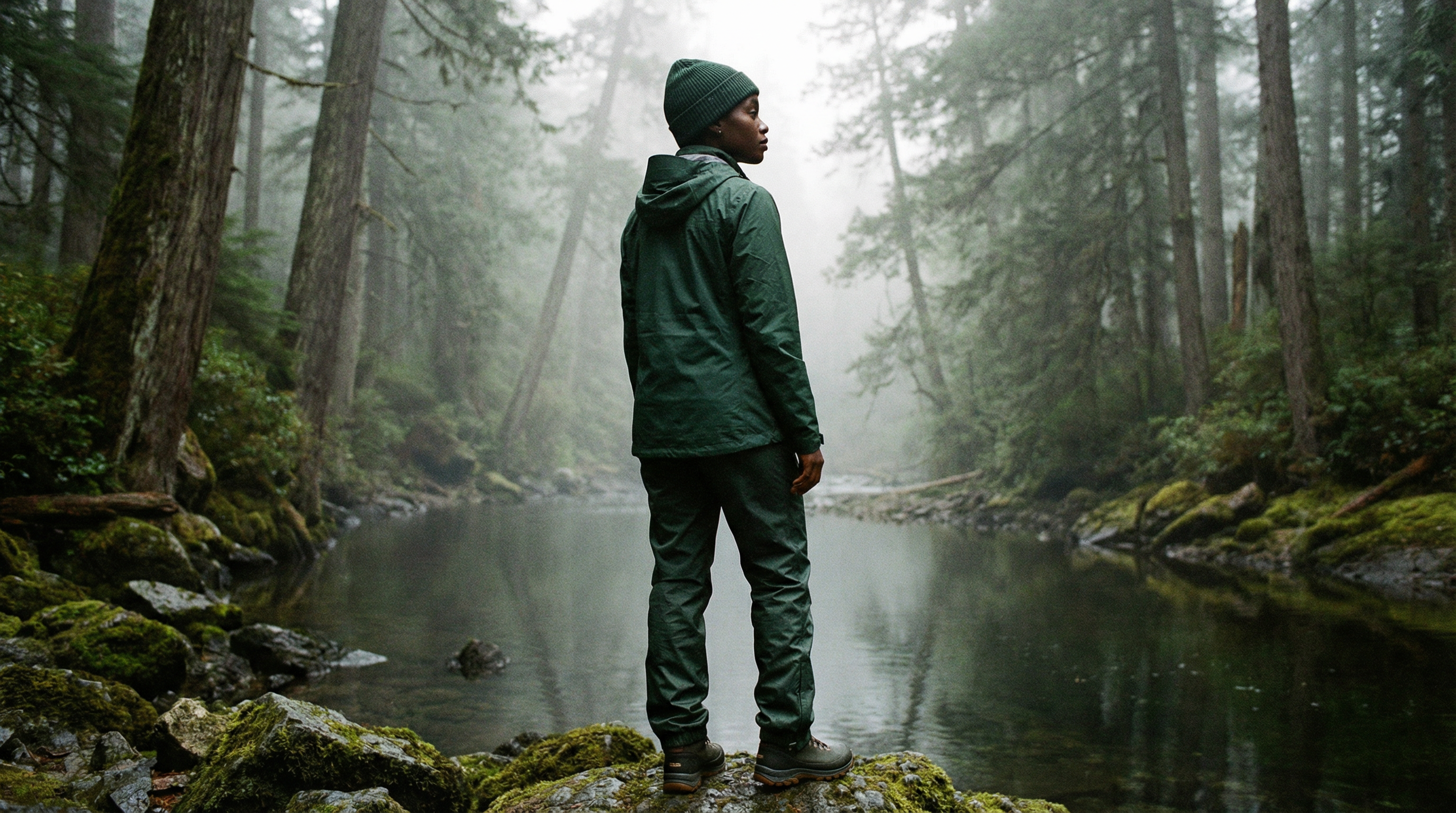 A remote lodge set into a dramatic alpine landscape, late golden light across the valley